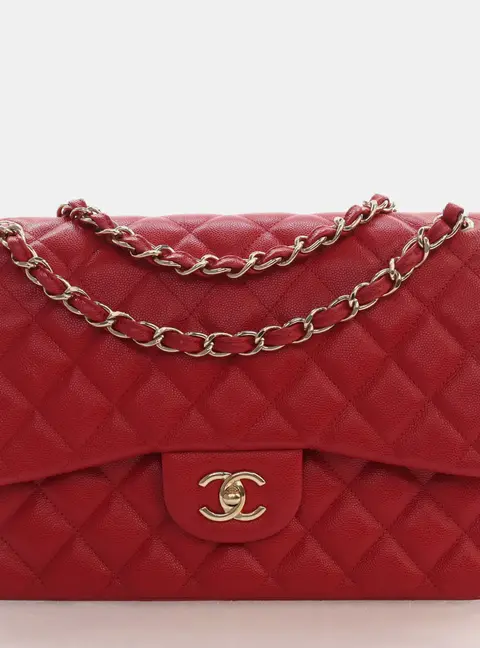 Chanel Classic Double Flap Jumbo Red Caviar Calfskin Leather Shoulder Bag