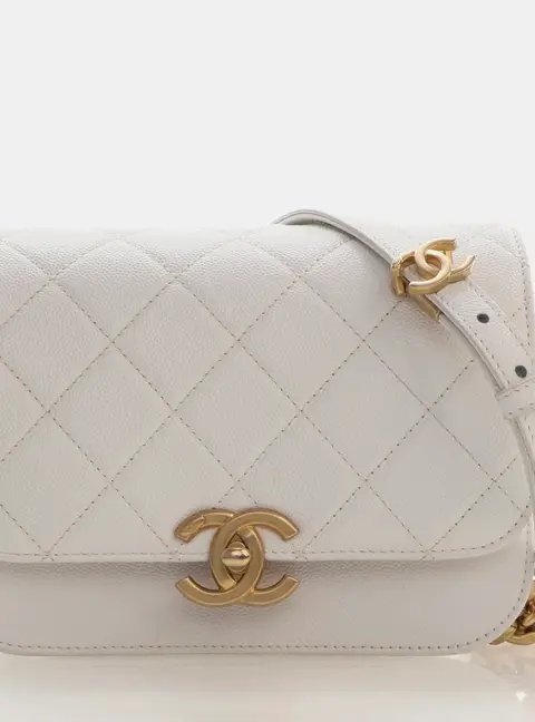 Chanel Chain Melody Small White Caviar Quilted Flap Bag