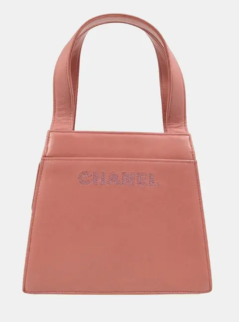 Chanel Vintage 1998 Embroidered Logo Small Pink Lambskin Leather Tote Bag