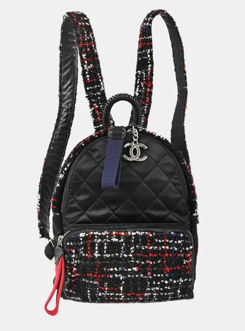 Chanel Astronaut Essentials Small Black Quilted Satin Tweed Backpack Bag