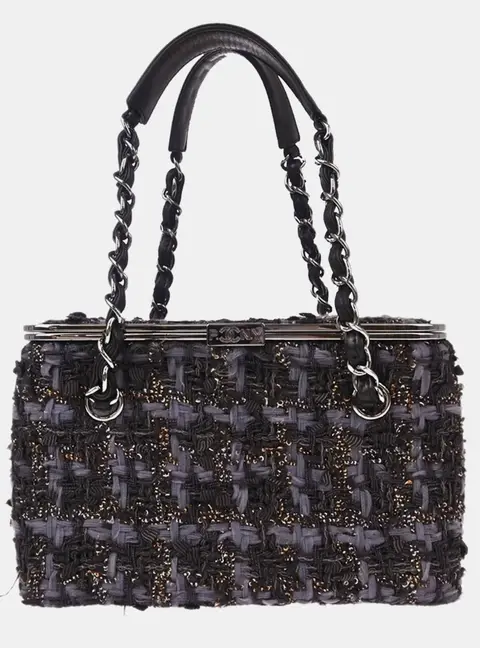 Chanel Vintage Paris -New York Medium Gray Tweed Leather Vanity Frame Box Bag