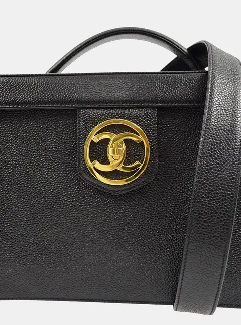 Chanel Vintage Encircled Coco Mark Large Black Caviar Skin Grained Calfskin Leather 2Way Box Vanity Case Top Handle Bag
