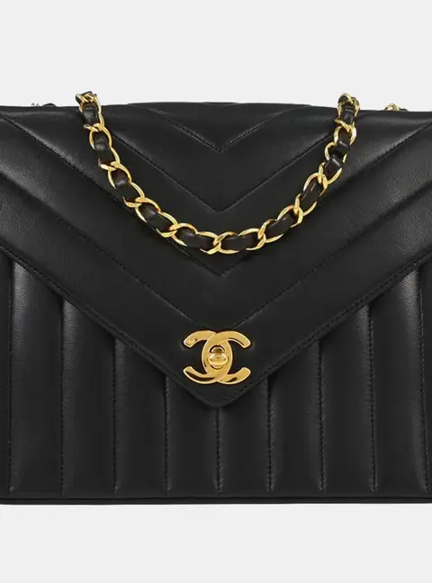 Chanel Vintage Chevron Vertical Quilted Small Black Lambskin Shoulder Bag