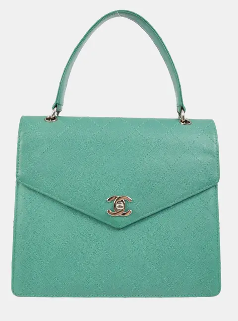 Chanel 1998 CC Turn Lock Envelope Flap Green Caviar Leather Top Handle Bag