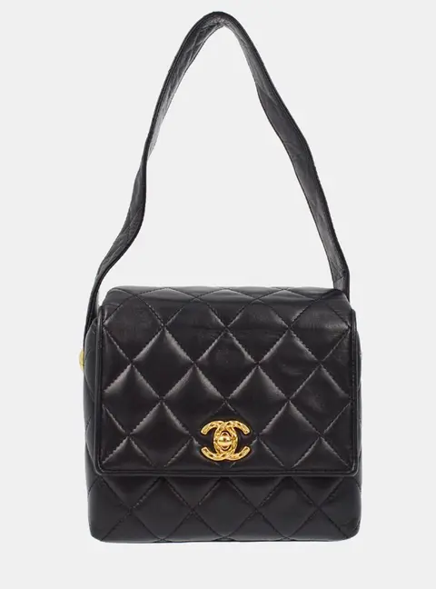 Chanel Vintage Straight Flap Mini Black Lambskin Leather Shoulder Bag