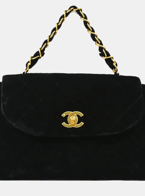 Chanel Vintage 1996 Black Quilted Velvet Gold -Tone Metal Top Handle Bag