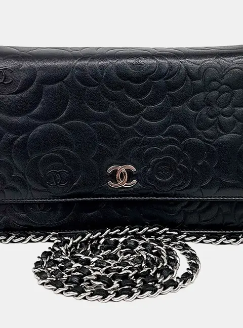 Chanel Black Leather Camellia WOC Crossbody Bag