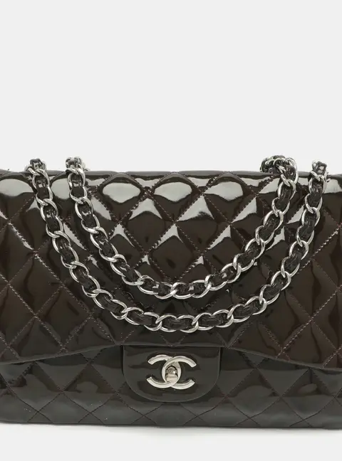 Chanel Classic Single Flap Jumbo Olive Quilted Patent Leather Bag