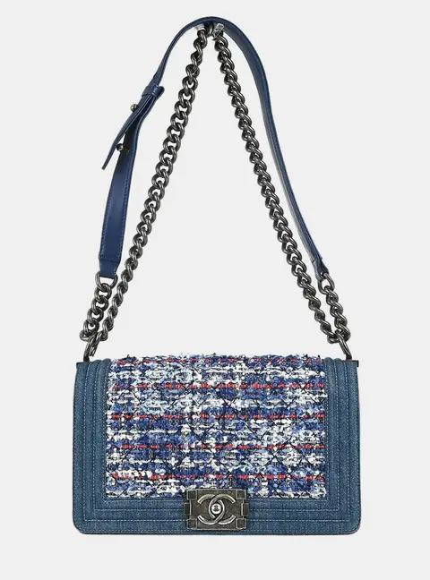 Chanel Boy Medium Blue Denim Tweed Ruthenium Hardware Shoulder Bag