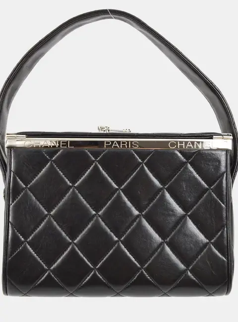 Chanel Vintage Quilted Small Black Lambskin Leather Metal Frame Top Handle Bag