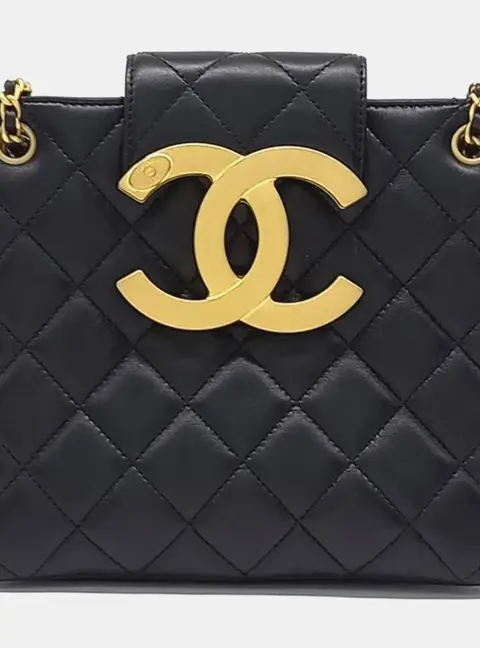 Chanel Black Leather Big Logo Chain Shoulder Bag