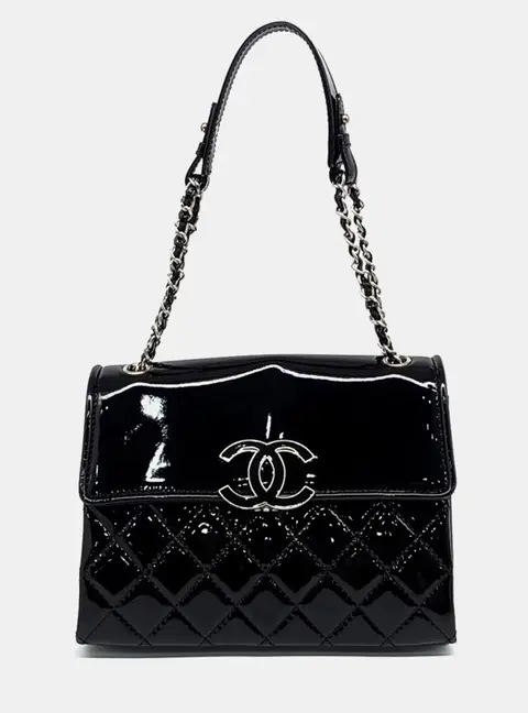 Chanel Black Patent Leather Patent Hampton Flap Shoulder Bag
