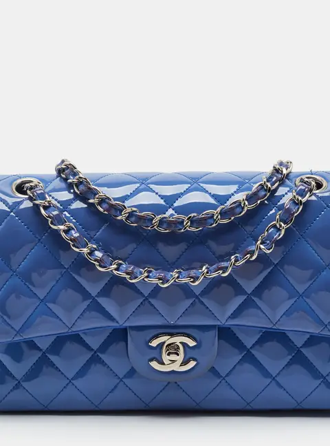 Chanel Classic Double Flap Medium Blue Quilted Patent Leather Shoulder Bag
