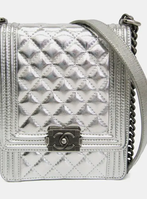 Chanel Boy Chanel North South Silver Metallic Leather Shoulder Bag
