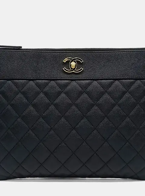 Chanel Black Leather Mademoiselle Clutch New Medium
