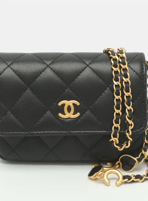Chanel Coco Hearts Enamel Black Quilted Leather Clutch With Chain