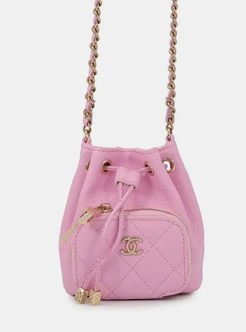 Chanel Matelasse Drawstring Bag Chain shoulder Bag Pink Caviar Leather