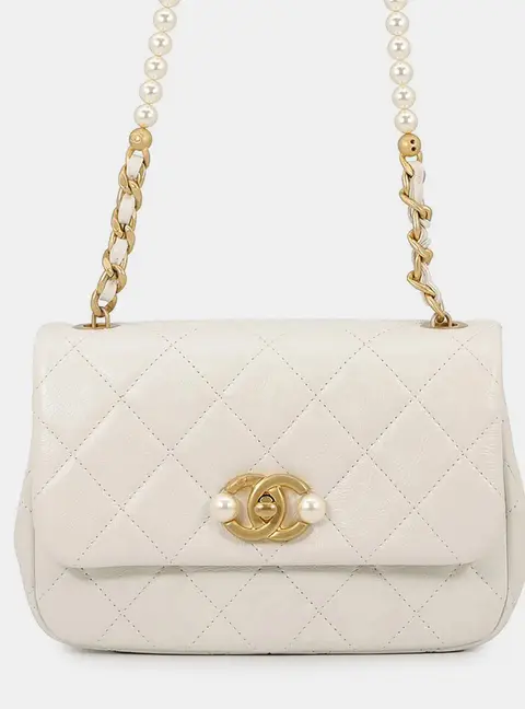 Chanel Mini Matelasse Pearl Chain White Lambskin