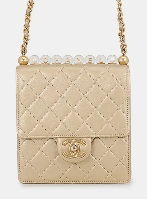 Chanel Square-Shaped Matelasse Chain Shoulder Bag Champagne Gold Lambskin