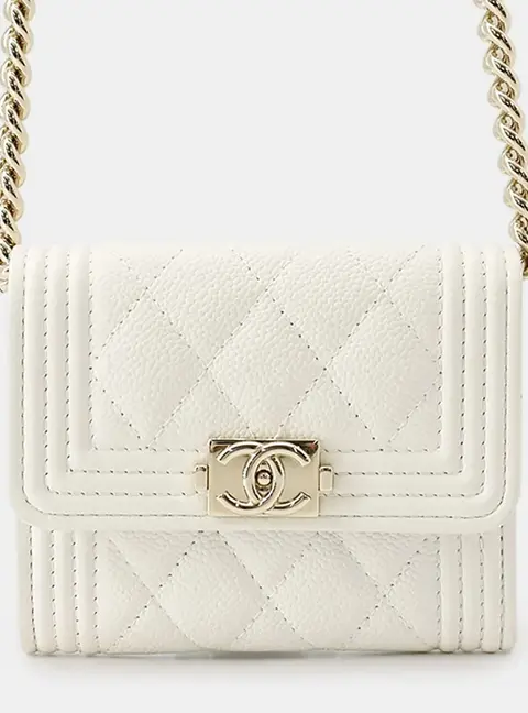 Chanel Boy Onel Chain Compact Wallet White Caviar Leather
