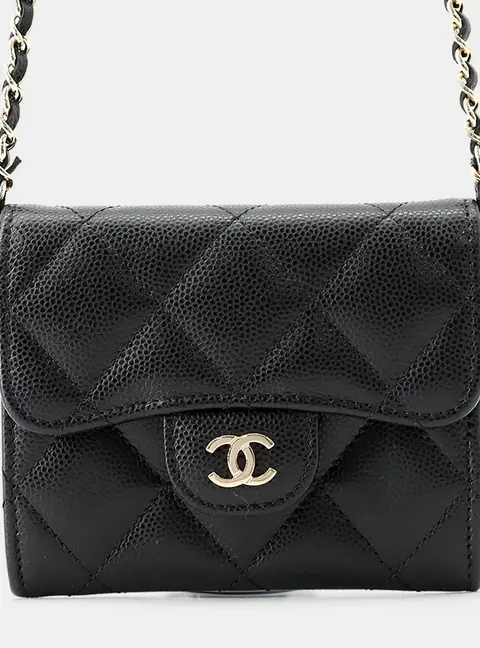 Chanel Matelasse Compact Chain Wallet Black Caviar Leather