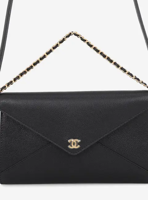 Chanel Strap Clutch Bag Black Grained Goatskin Leather