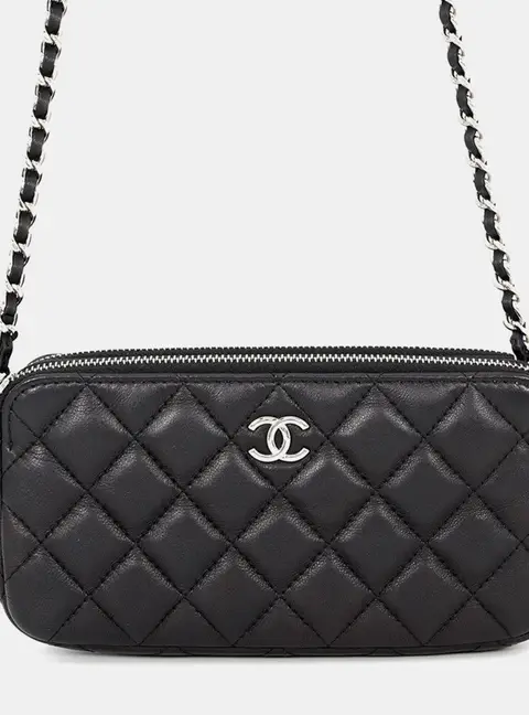 Chanel Matelasse Double Zip Chain Wallet Black Lambskin