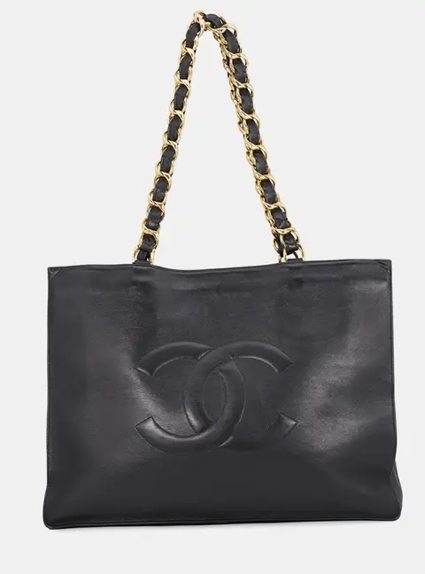 Chanel Large Cc Logo Chain Tote Bag Black Leather