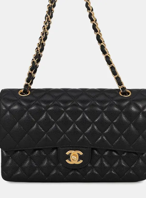 Chanel Matelasse W Flap Chain shoulder Bag Black Caviar Leather Size 25