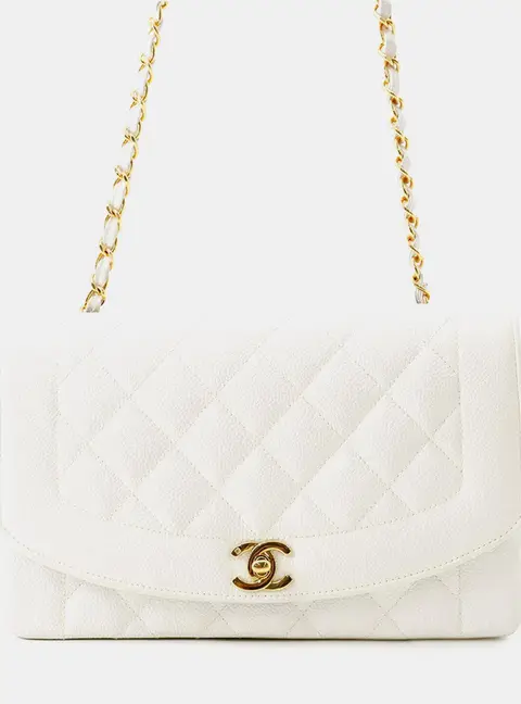 Chanel Diana Chain Shoulder Bag White Caviar Leather Size 25