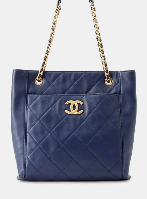 Chanel Matelasse Shopping Chain Tote Bag Navy Lambskin Size Small