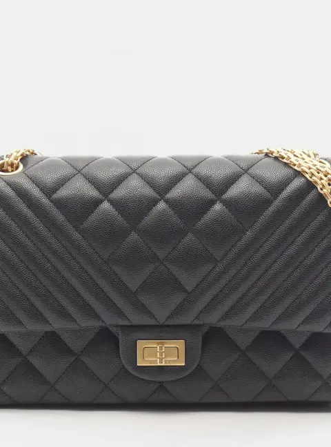 Chanel 2.55 Reissue 226 Black Grained Calfskin Leather Double Flap Shoulder Bag