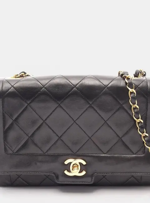 Chanel Vintage Diana Medium Black Lambskin Leather Single Flap Shoulder Bag