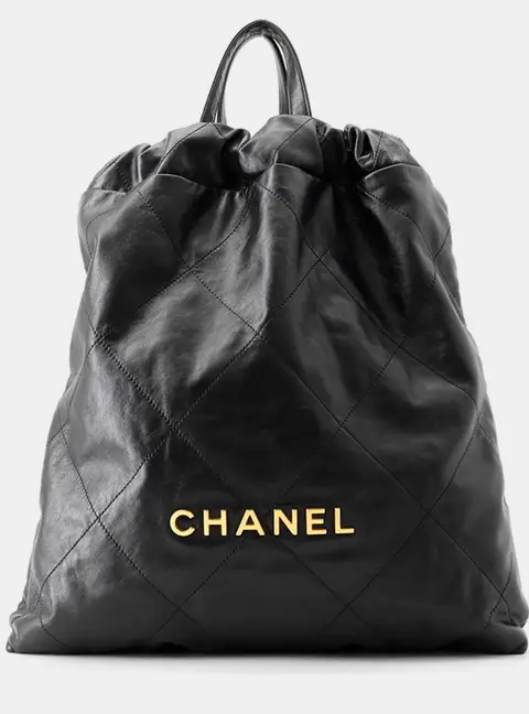 Chanel 22 Large Black Shiny Calfskin Leather Backpack Bag