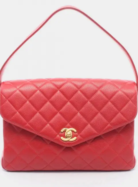 Chanel Vintage V -Flap Red Caviar Grained Calfskin Leather Top Handle Bag