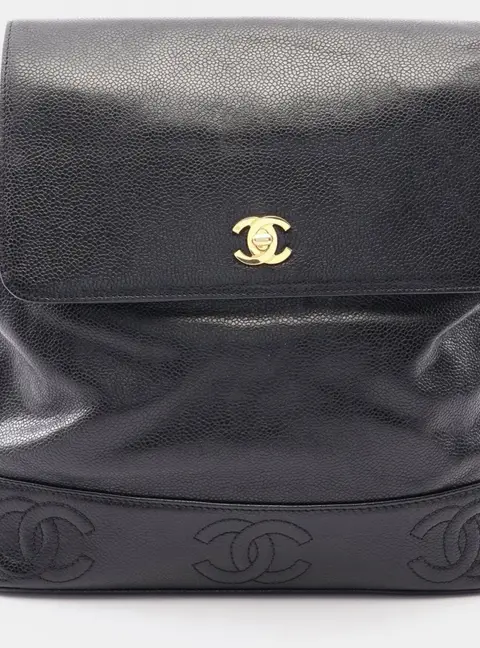 Chanel Triple Coco Mark Black Grained Calfskin Leather Backpack Bag
