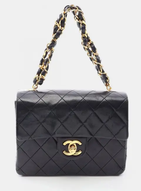 Chanel Vintage Mini Square Classic Flap Black Lambskin Leather Shoulder Bag