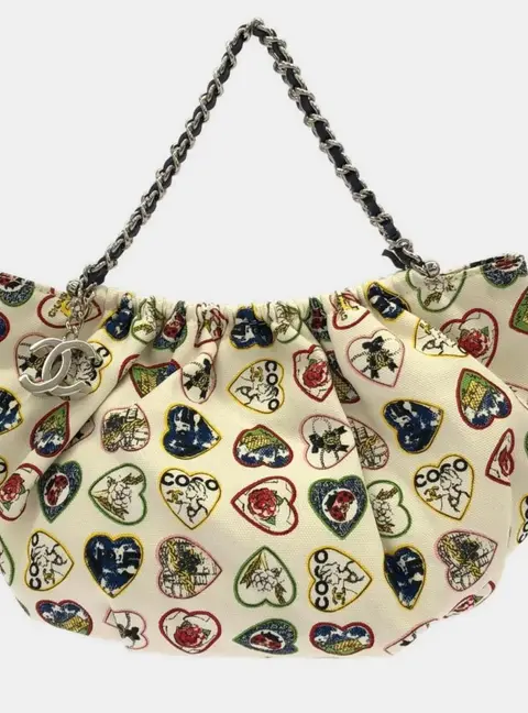 Chanel Valentine 31412 XS White Canvas Silver Tone Shoulder Hobo Bag