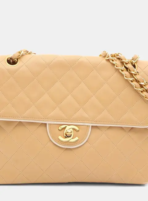 Chanel Classic Single Flap Medium Beige White Lambskin Leather Shoulder Bag