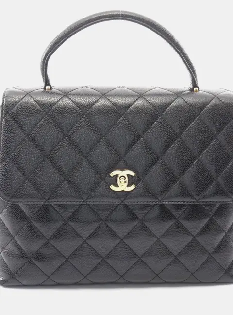 Chanel Vintage Kelly Medium Black Caviar Grained Calfskin Leather Top Handle Bag