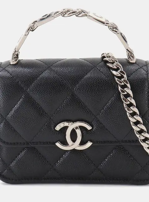 Chanel Mini Matelasse Black Caviar Leather Chain Clutch Handbag