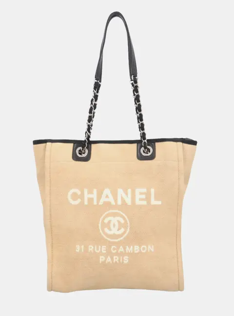 Chanel Deauville PM Beige Canvas Shoulder Tote Bag