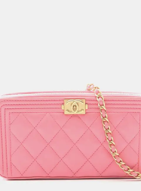 Chanel Boy Double Zip Pink Lambskin Leather Wallet On Chain Bag