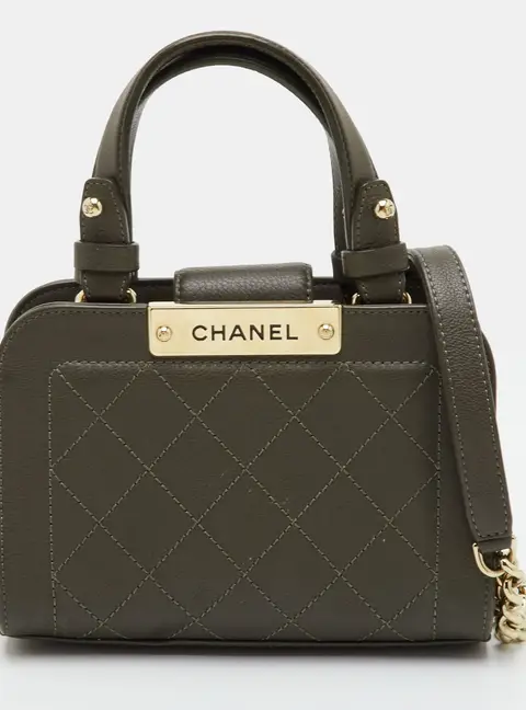 Chanel Label Click Mini Olive Green Quilted Leather Shopping Tote