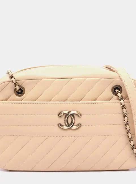 Chanel Bias Stitch Medium Beige Grained Calfskin Leather Shoulder Bag