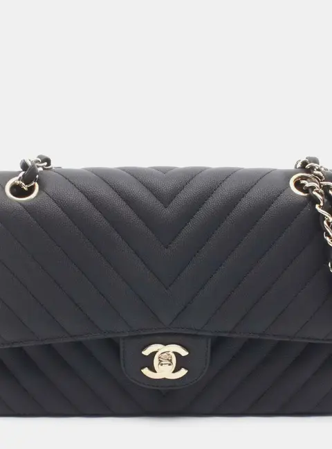 Chanel Classic Double Flap Black Chevron Leather Shoulder Bag