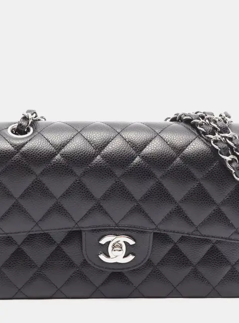 Chanel Classic Double Flap Black Grained Calfskin Leather Shoulder Bag