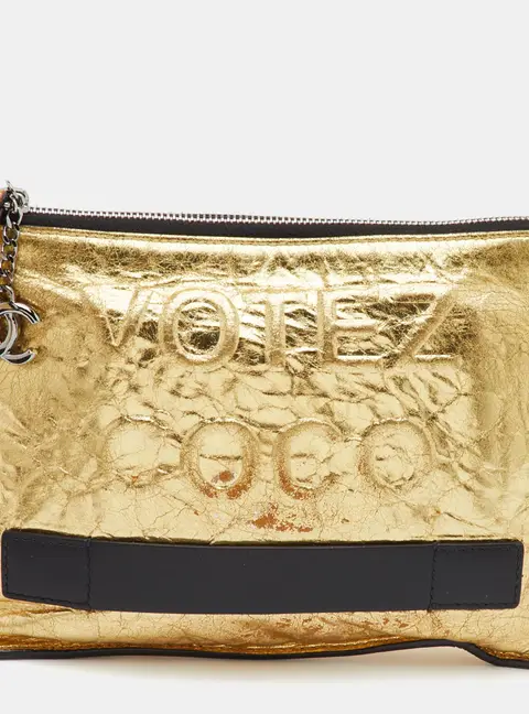 Chanel Votez Coco Metallic Gold Crackle Leather Clutch
