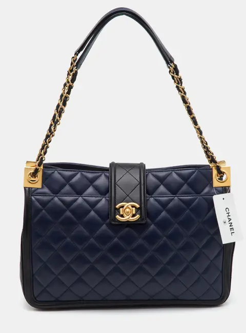 Chanel Elegant CC Navy Blue/Black Quilted Leather Shopping Tote