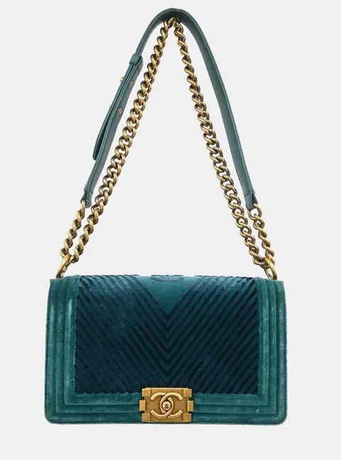 Chanel Boy Old Medium Green Velvet Chevron Shoulder Bag